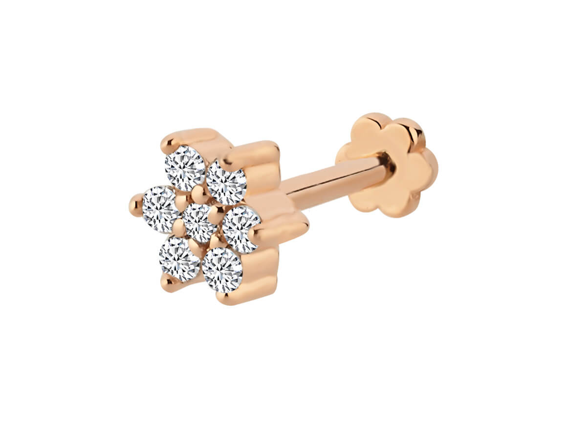 7-Diamant Tragus Piercing in 14K Rotgold - 5,3 mm – handgefertigter Diamantschmuck aus Feingold | Sirius Diamant