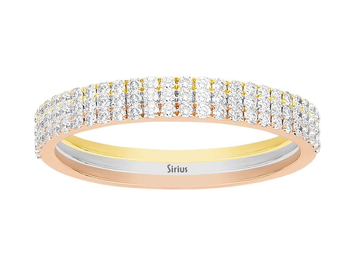 Bague mémoire demi-ronde en or jaune, or rose et or blanc, 3 pièces, sertie de diamants