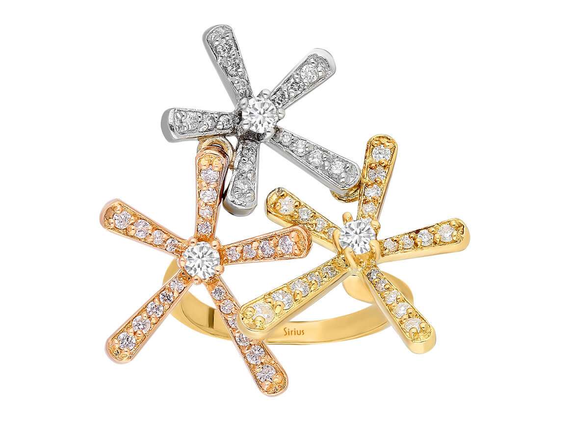 Diamond Three Colored Floral Ring in 14 Carat Gold