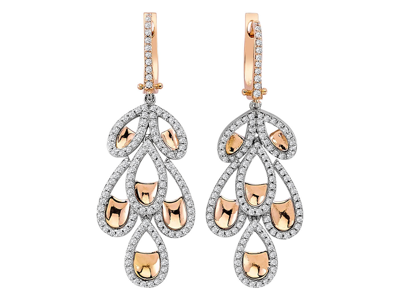 Boucles d'oreilles antiques en or blanc et rose 14 carats avec diamants