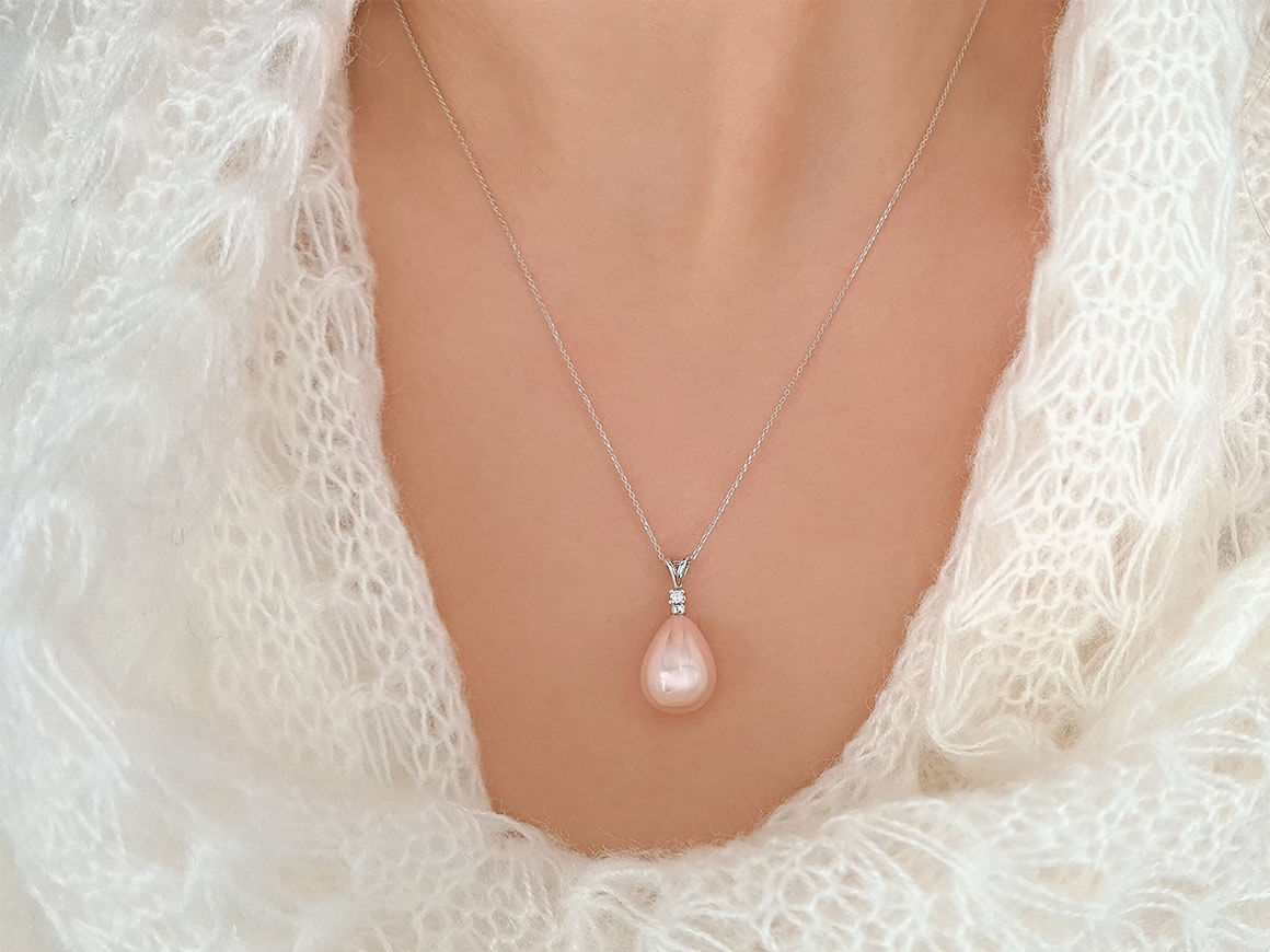 0.02 carat diamond and drop pink pearl necklace in 14K white gold