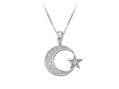 Diamond star and crescent necklace in 333 8 K white gold
