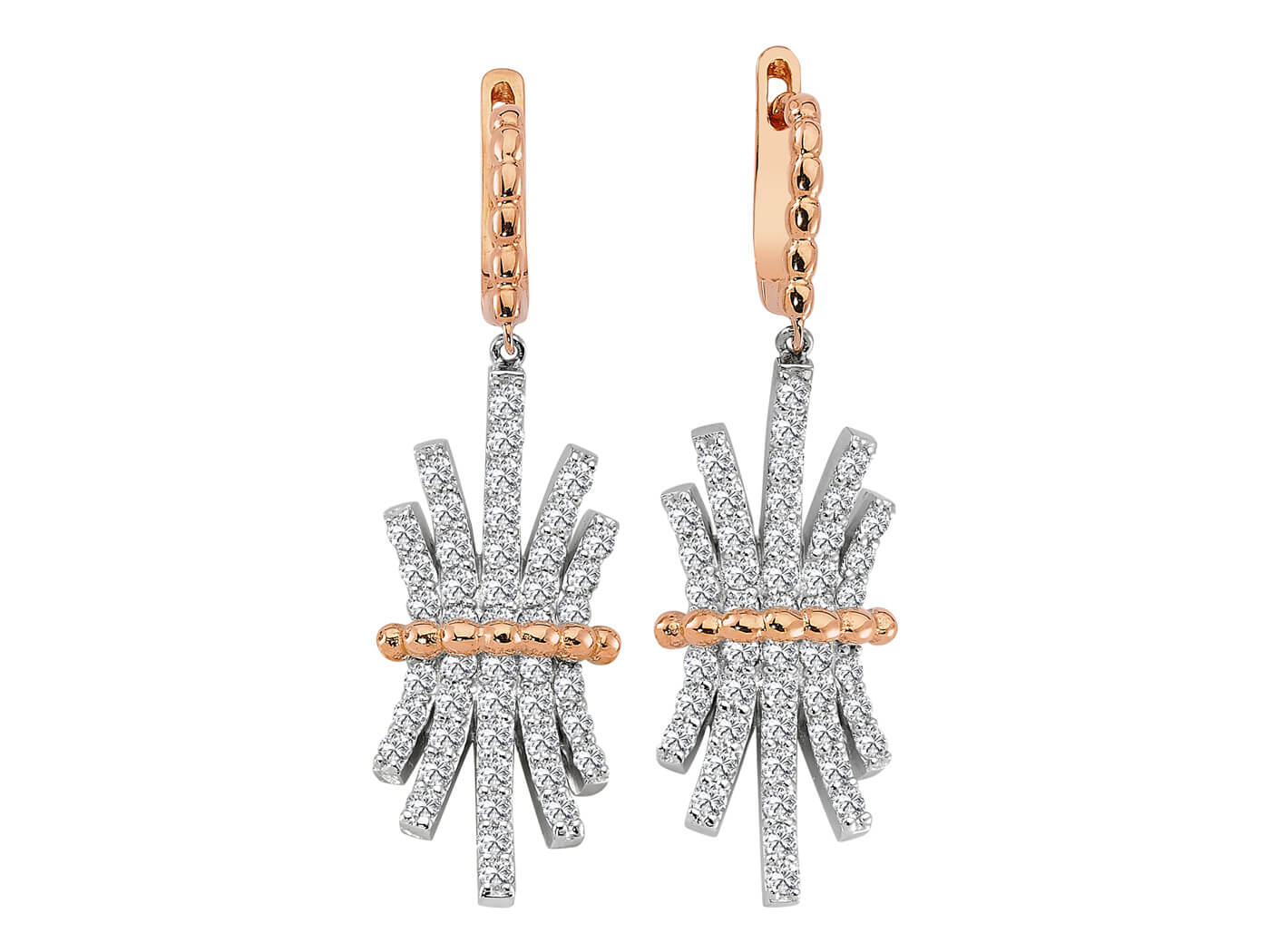 Boucles d'oreilles en or rouge et blanc 585 14 carats avec diamants de couleur F, 2,00 carats au total