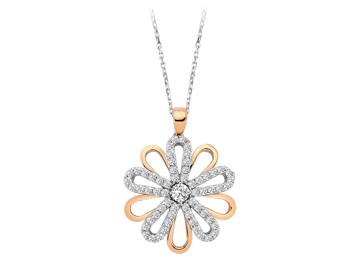 Diamond daisy necklace in 14 carat red and white gold