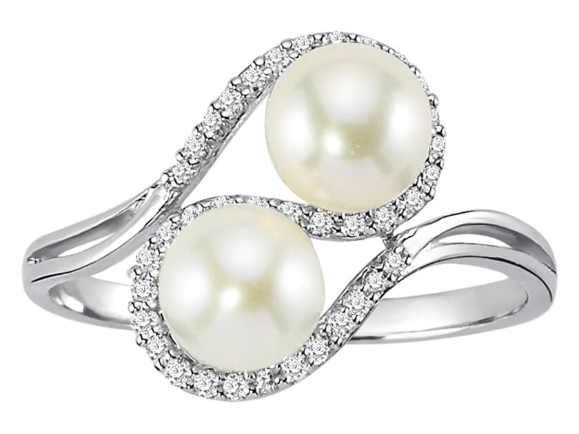 Diamond and double pearl ring in 14 K white gold