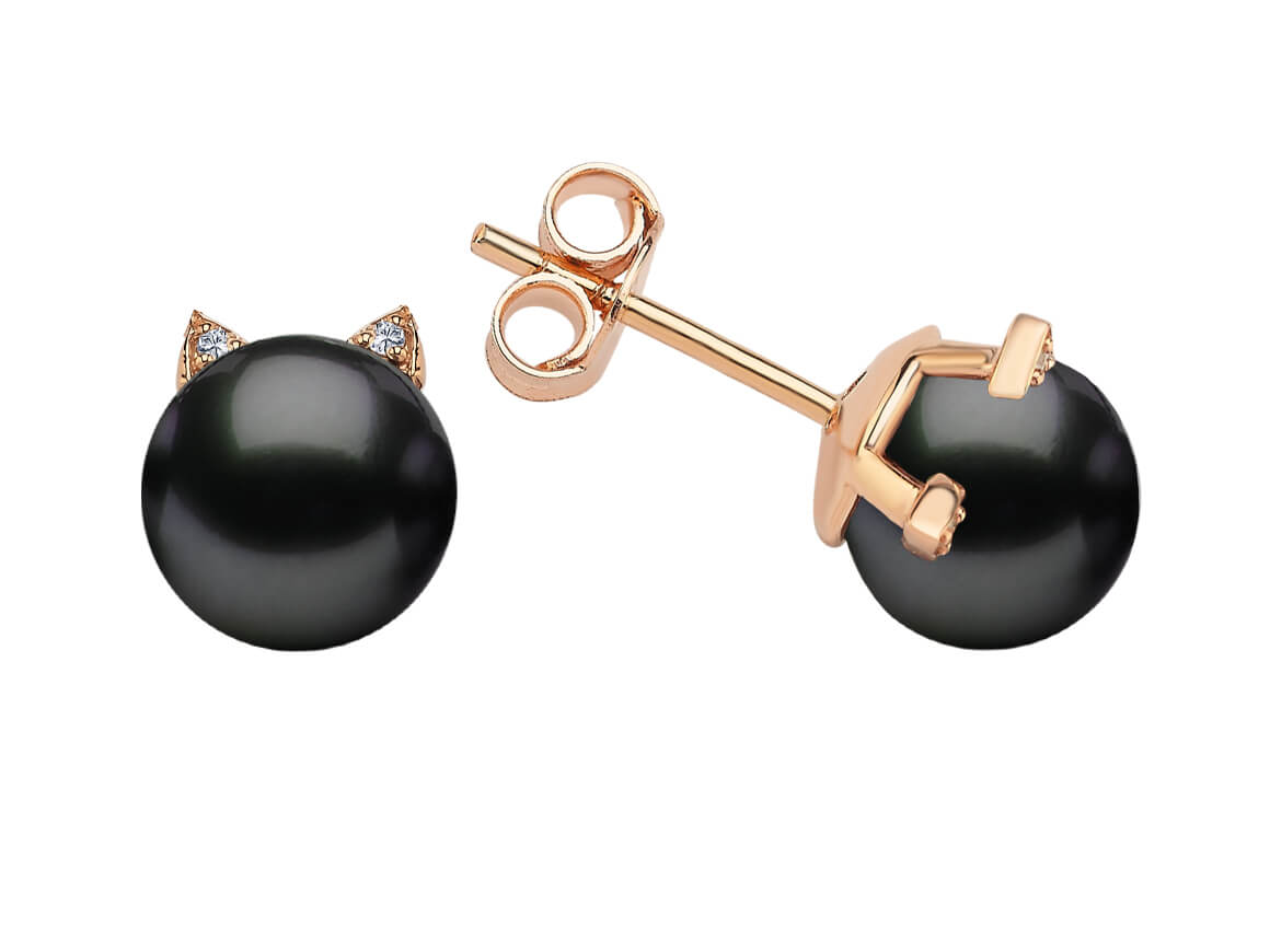Diamant und Schwarz Perle Katze Ohrstecker - handgefertigter Diamantschmuck aus Feingold | Sirius Diamant