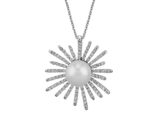 0,79 Karat Diamant und 5,00 Karat Perle Collier in 585er 14 Karat Weißgold - handgefertigter Diamantschmuck aus Feingold | Sirius Diamant