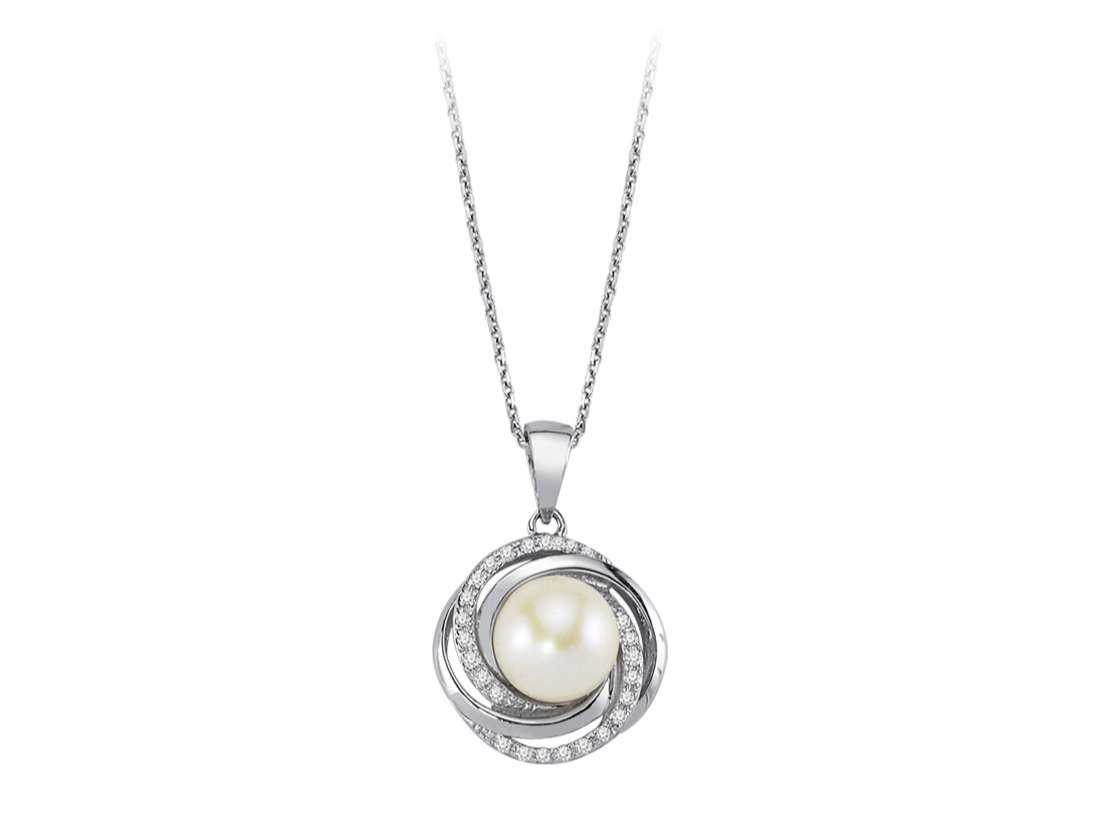 Diamond and pearl spiral necklace in 14 K white gold