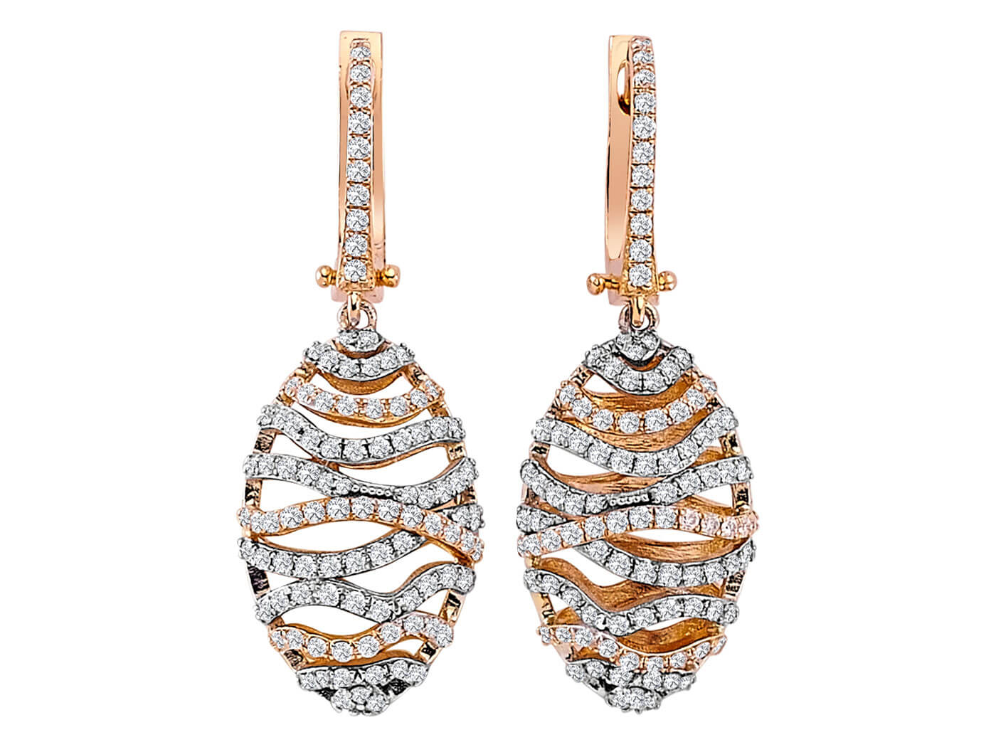 1.04 total carat diamond silk cocoon earrings in 14 K rose and white gold
