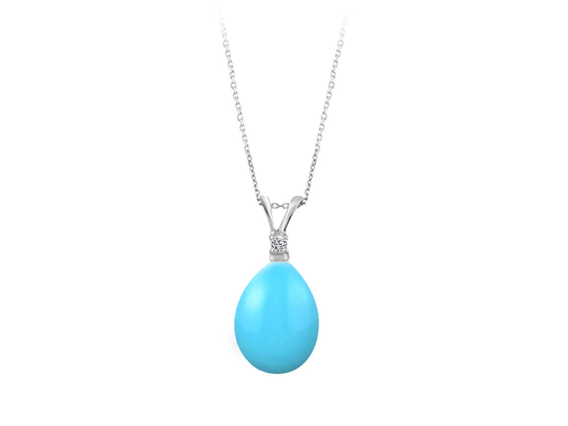 Diamond and drop cut turquoise necklace in 14 carat white gold