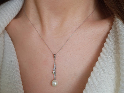 Diamond Dangling Pearl Necklace in 14K White Gold