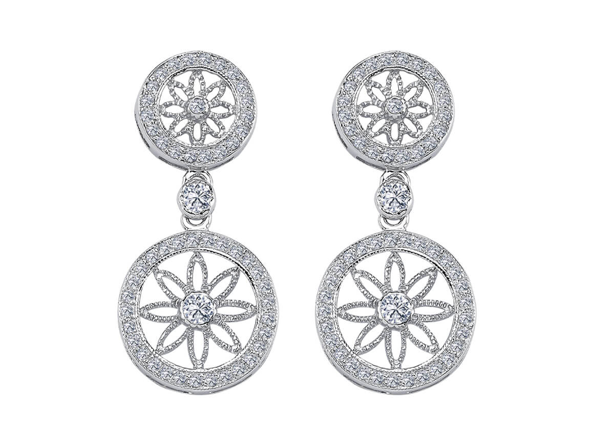 0.61 carat diamond flower of life earrings in 14 carat white gold