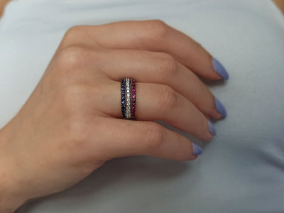 Diamond, ruby and sapphire half-round three-piece alliance in 14k white gold