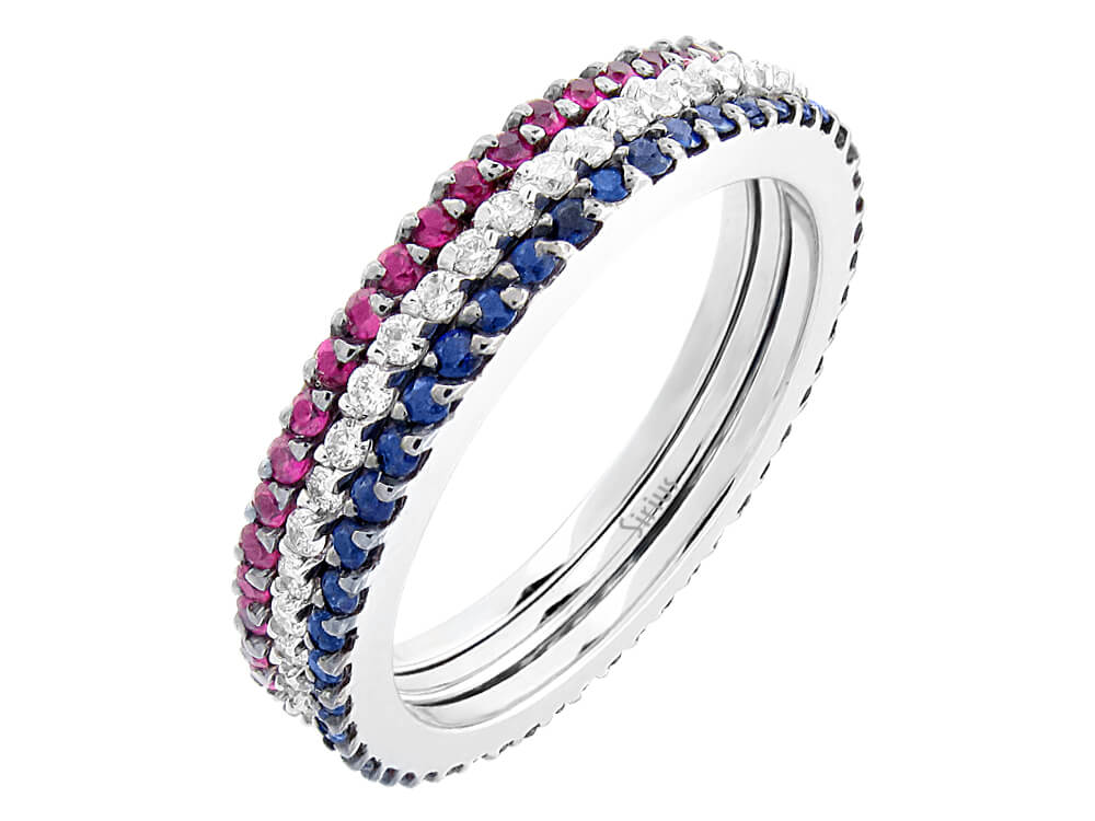 3-Teiliger Diamant, Rubin, Saphir Rundum Allianz in 585er 14K Weißgold - handgefertigter Diamantschmuck aus Feingold | Sirius Diamant