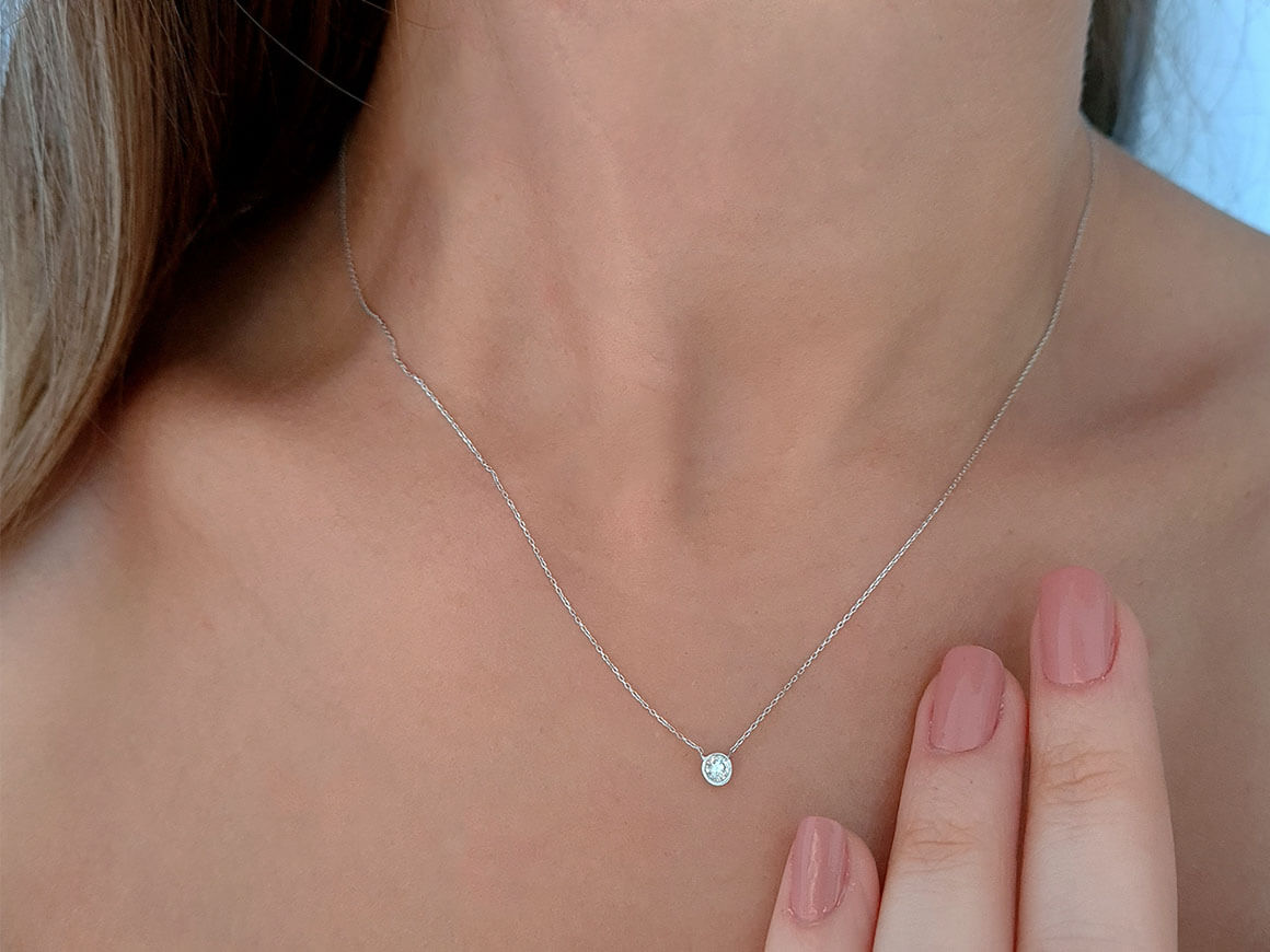 0.12 carat diamond solitaire necklace in 14 K white gold