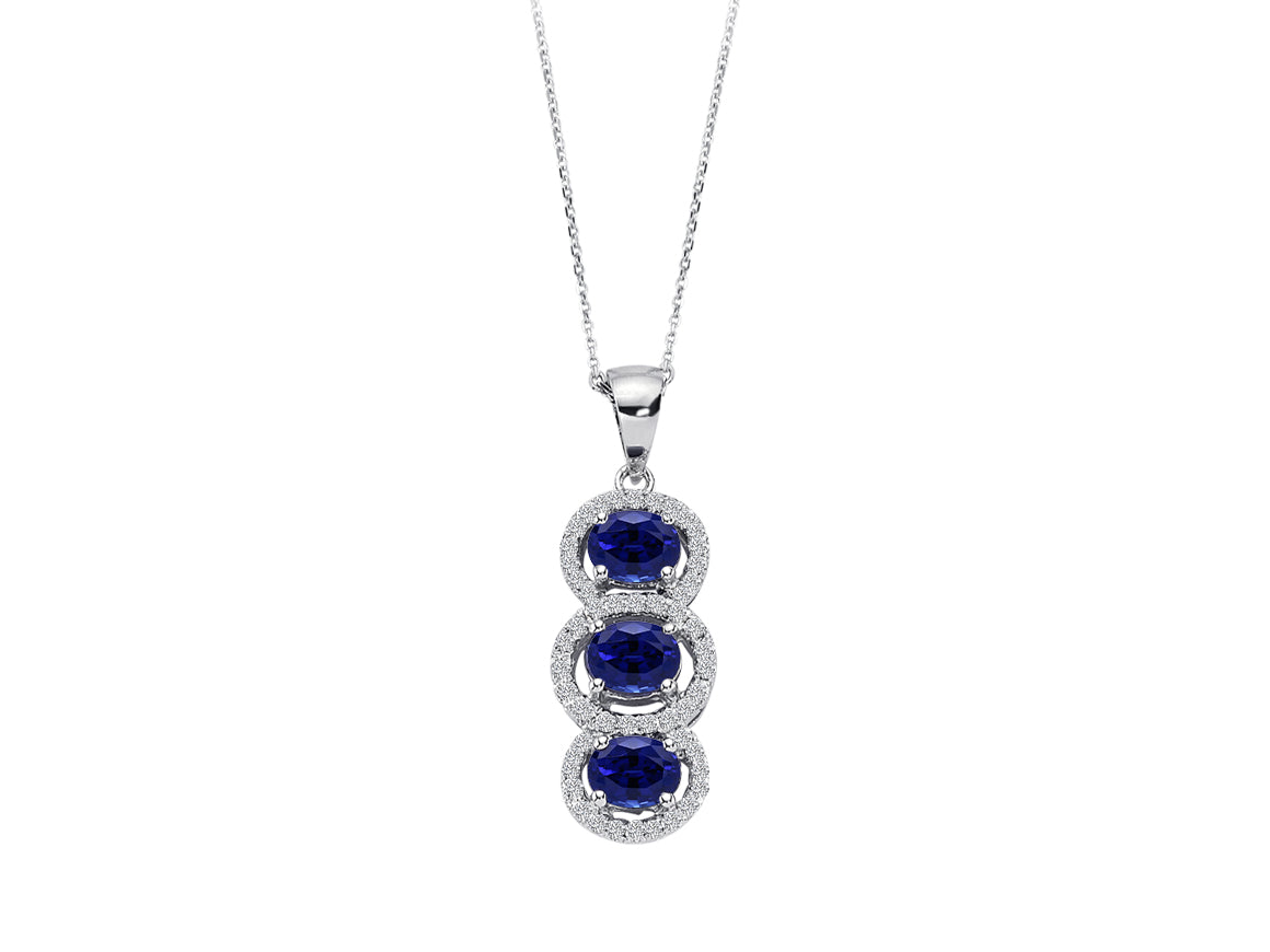 Diamond and Tria Sapphire Necklace in 14 K White Gold