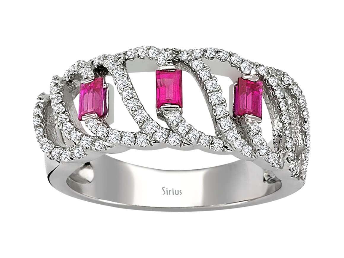 Diamond and baguette ruby ring in 18 K