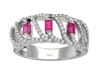 Diamond and baguette ruby ring in 18 K