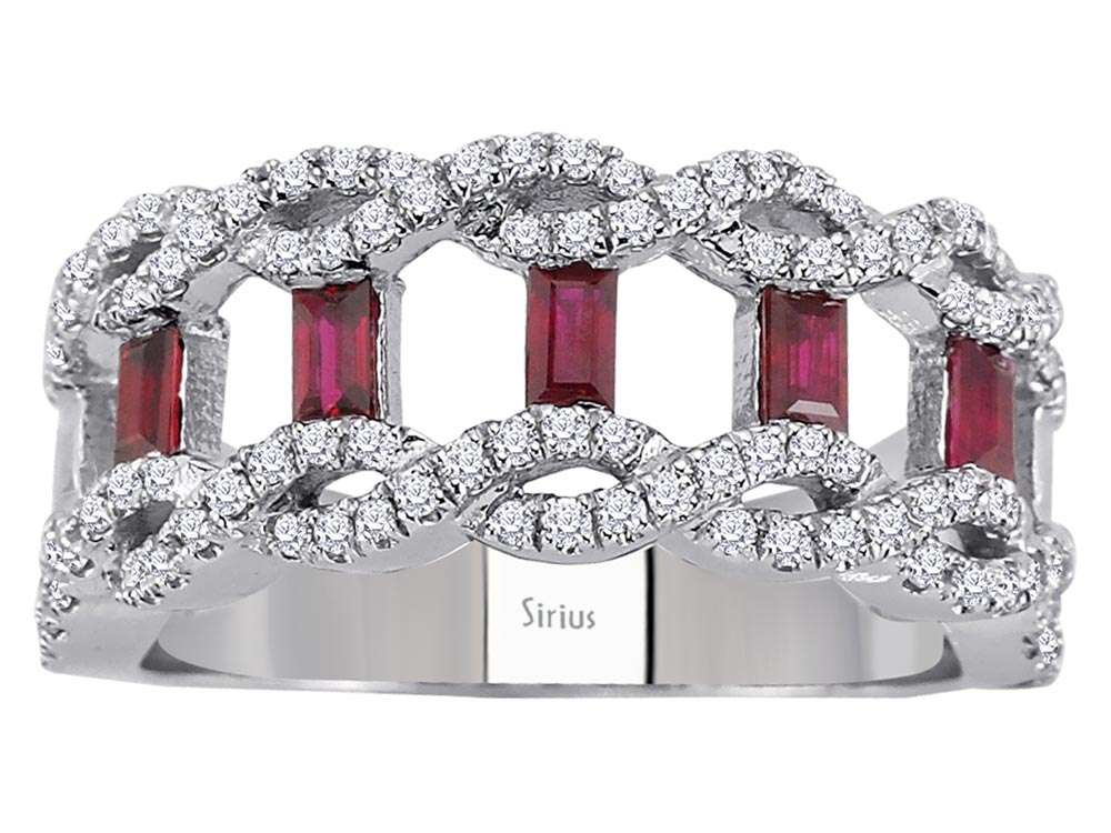 Diamond and baguette-cut ruby ring