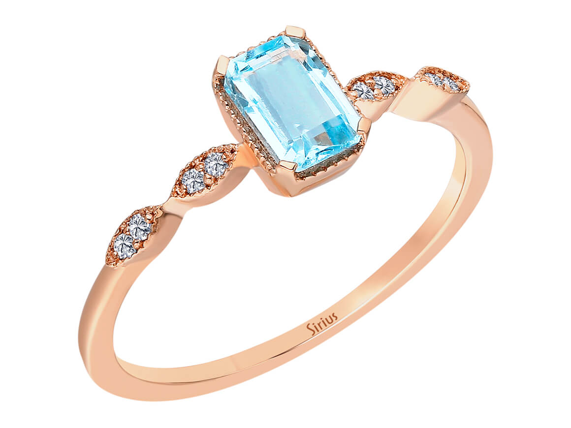 Diamond and Octagon Blue Topaz Aqua Ring