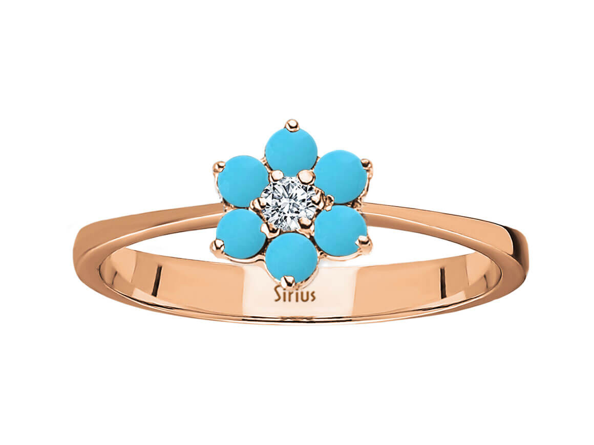 Diamant und Türkis Gänseblümchen Ring 8 K Rotgold - handgefertigter Diamantschmuck aus Feingold | Sirius Diamant