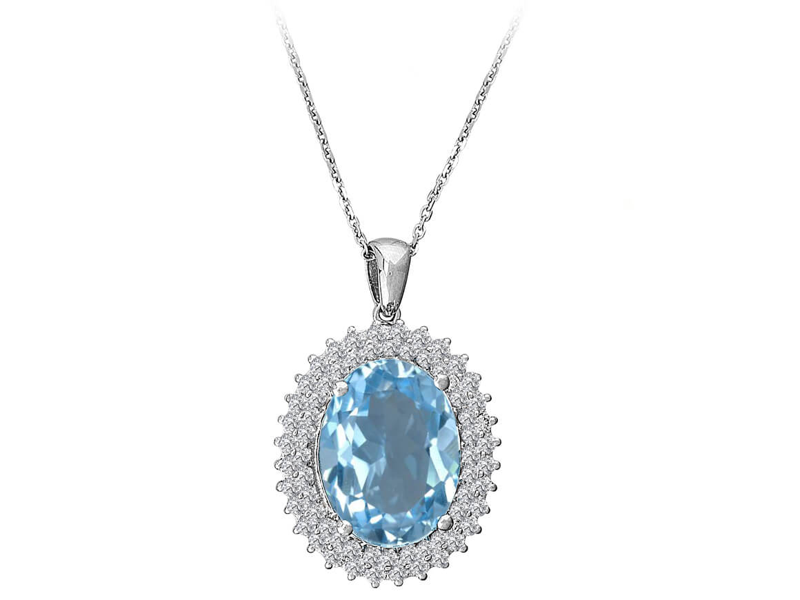Collier en or blanc 14 carats avec diamants et topaze bleue ovale