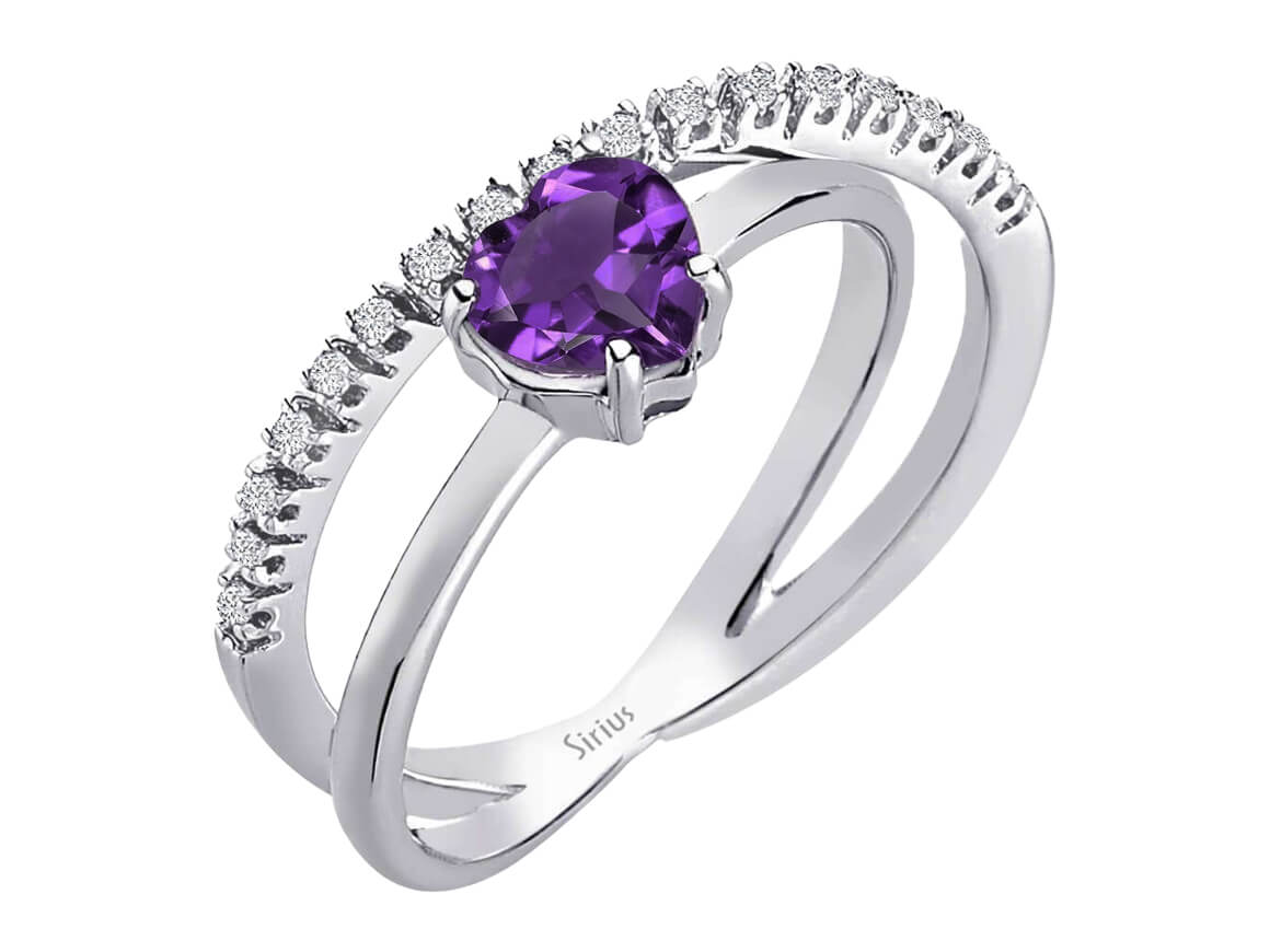 Diamond and heart-cut amethyst ring in 14-carat white gold