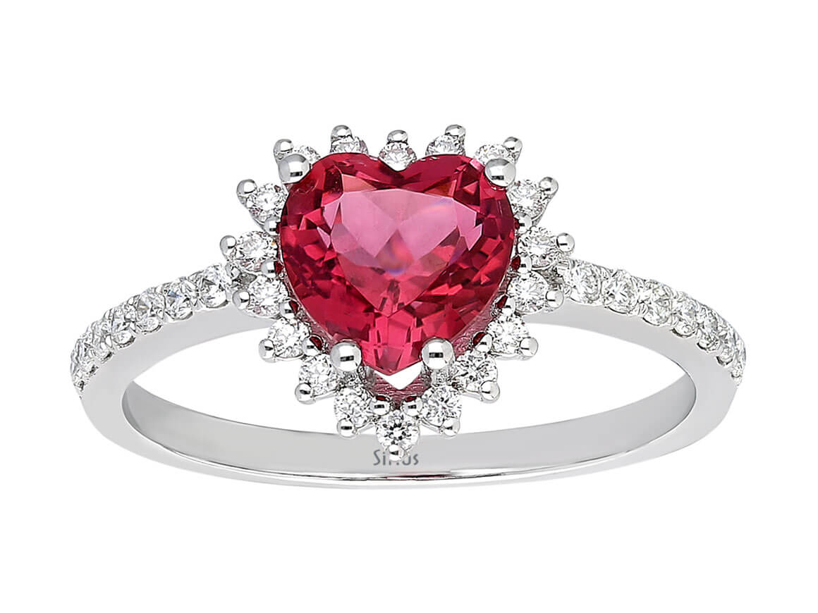 Diamond and Heart Tourmaline Love Ladies Ring in 14 K White Gold