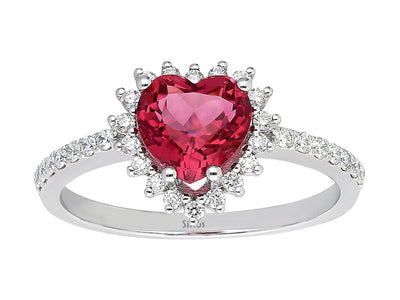 Diamond and Heart Tourmaline Love Ladies Ring in 14 K White Gold