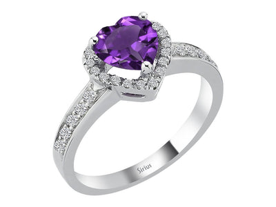 Diamond and heart cut amethyst ring in 14 K white gold