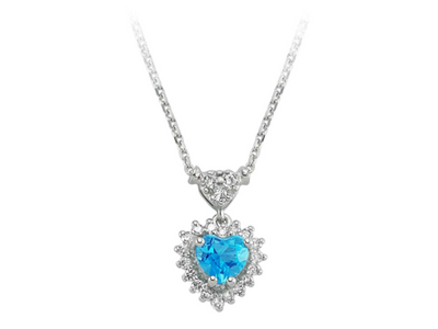 Diamond and heart cut blue topaz jewelry set in 14 K white gold