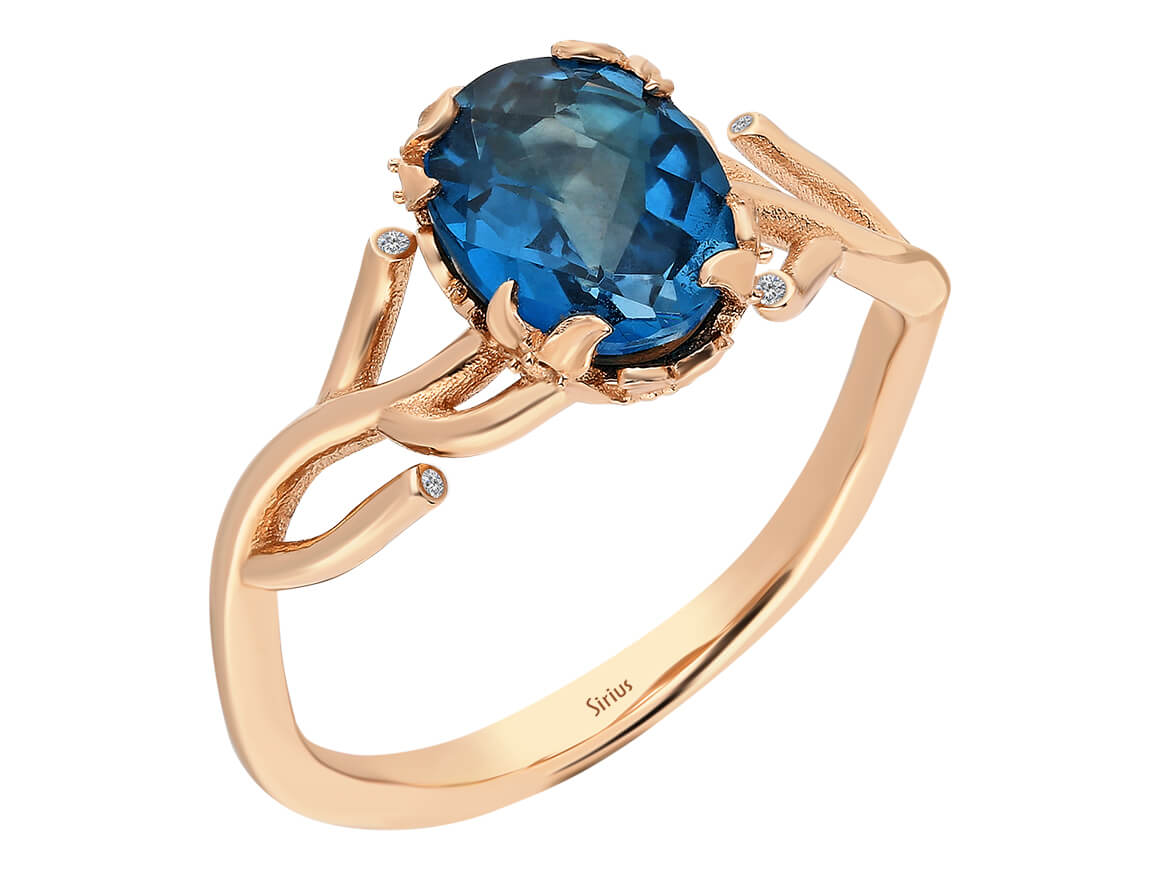 Diamant und London Blau Topas Ring in 585er 14K Rotgold - handgefertigter Diamantschmuck aus Feingold | Sirius Diamant