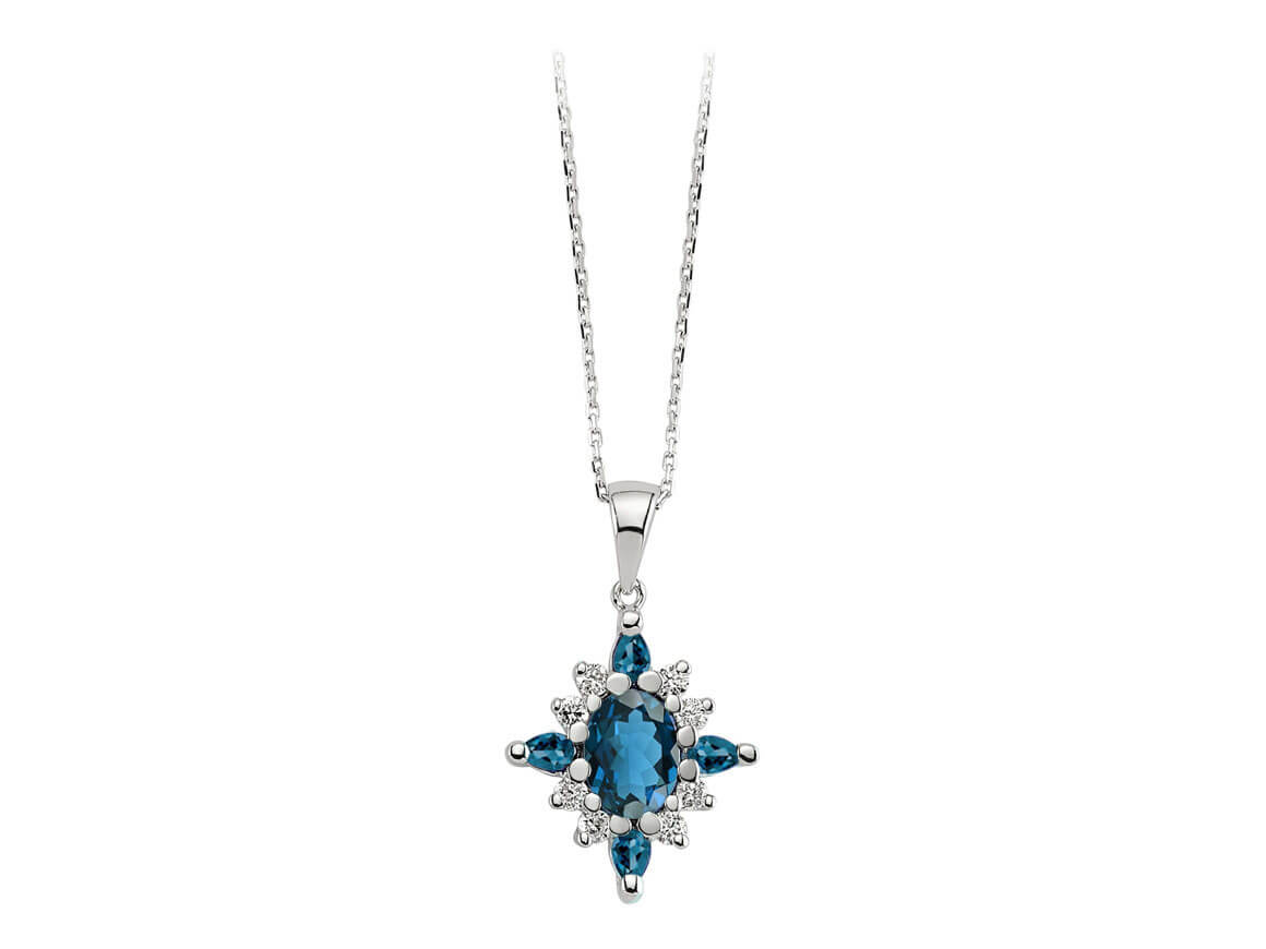 Diamant und London Blauer Topas Mai Collier in 8 K Weißgold - handgefertigter Diamantschmuck aus Feingold | Sirius Diamant