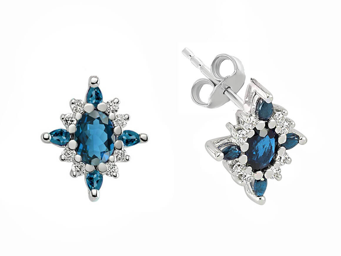 Diamant und London Blauer Topas Ohrstecker in 8 Karat Weissgold - handgefertigter Diamantschmuck aus Feingold | Sirius Diamant