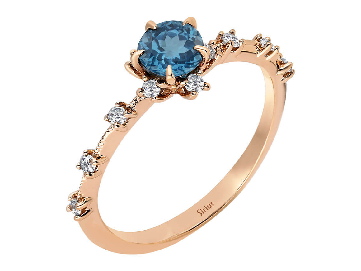 Diamant und London Blauer Topas Vintage Ring - handgefertigter Diamantschmuck aus Feingold | Sirius Diamant