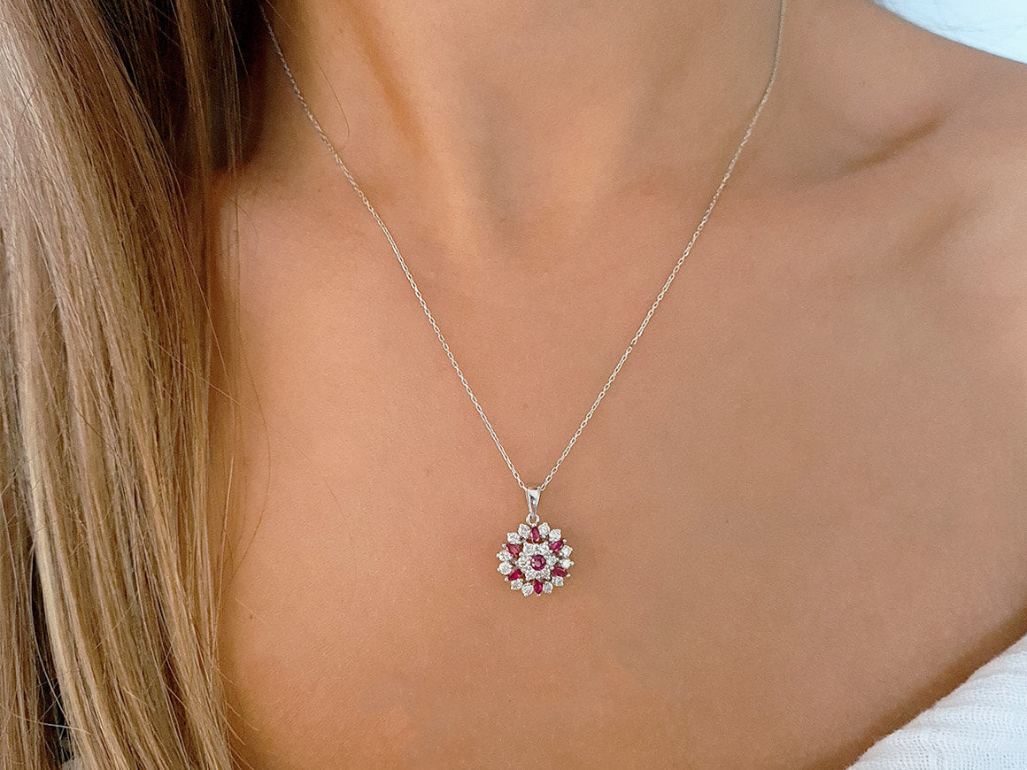 Diamond and Marquise Ruby Lily Necklace in 14 K White Gold