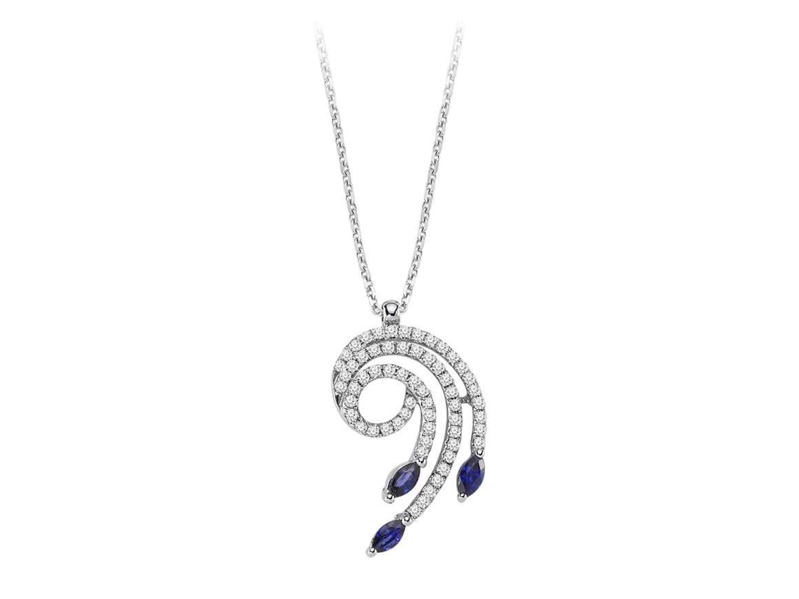 Diamond and marquise cut sapphire spiral necklace in 8 K white gold