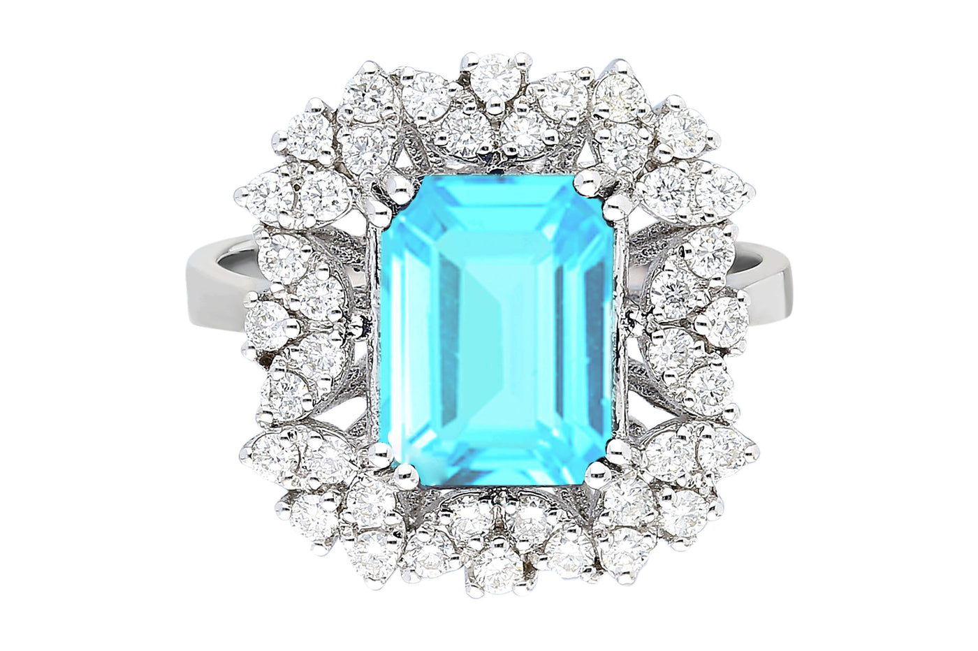 Diamond and octagon cut aquamarine ring