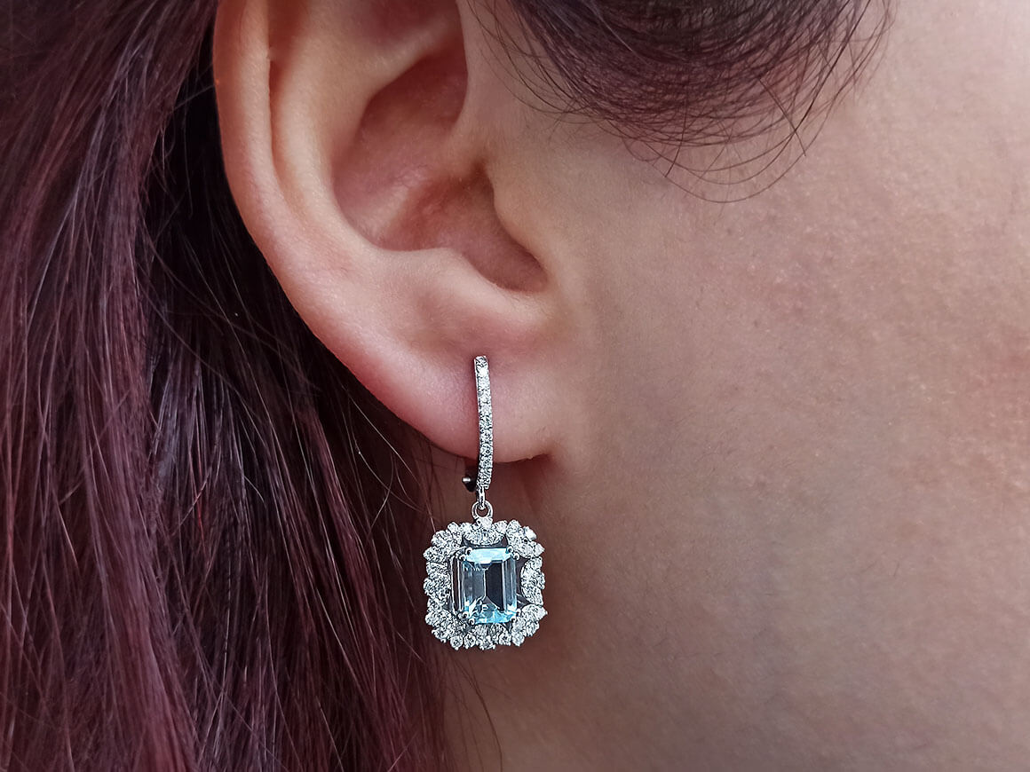Diamant und Oktagon Aquamarin Ohrhänger - handgefertigter Diamantschmuck aus Feingold | Sirius Diamant