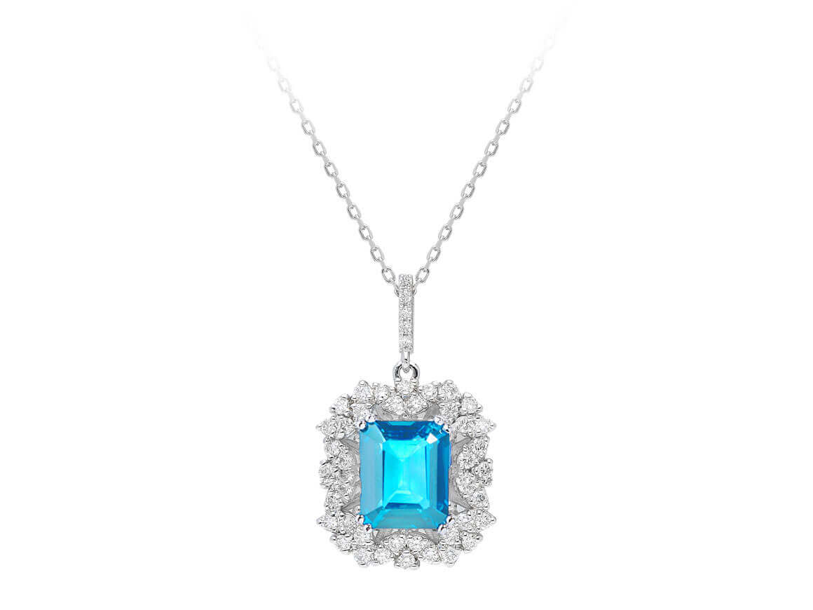 Diamant und Oktagon Blauer Topas Collier - handgefertigter Diamantschmuck aus Feingold | Sirius Diamant