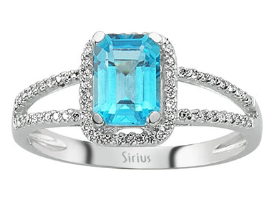 Diamond and octagon blue topaz ring in 585 14 carat white gold