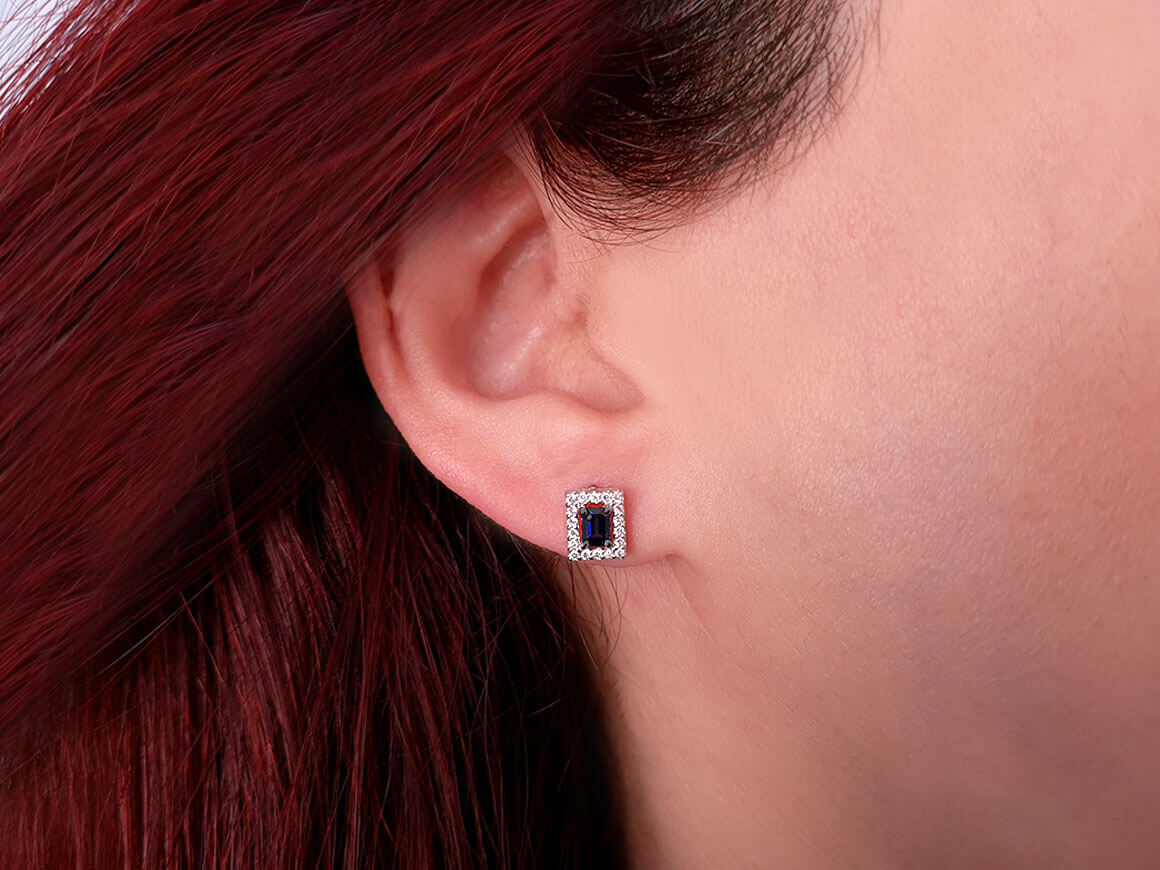 Diamant und Oktagon Saphir Ohrringe - handgefertigter Diamantschmuck aus Feingold | Sirius Diamant
