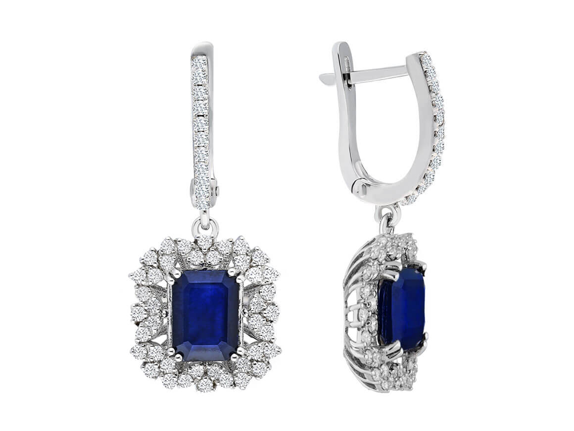 Diamant und Oktagon Saphir Ohrhänger - handgefertigter Diamantschmuck aus Feingold | Sirius Diamant