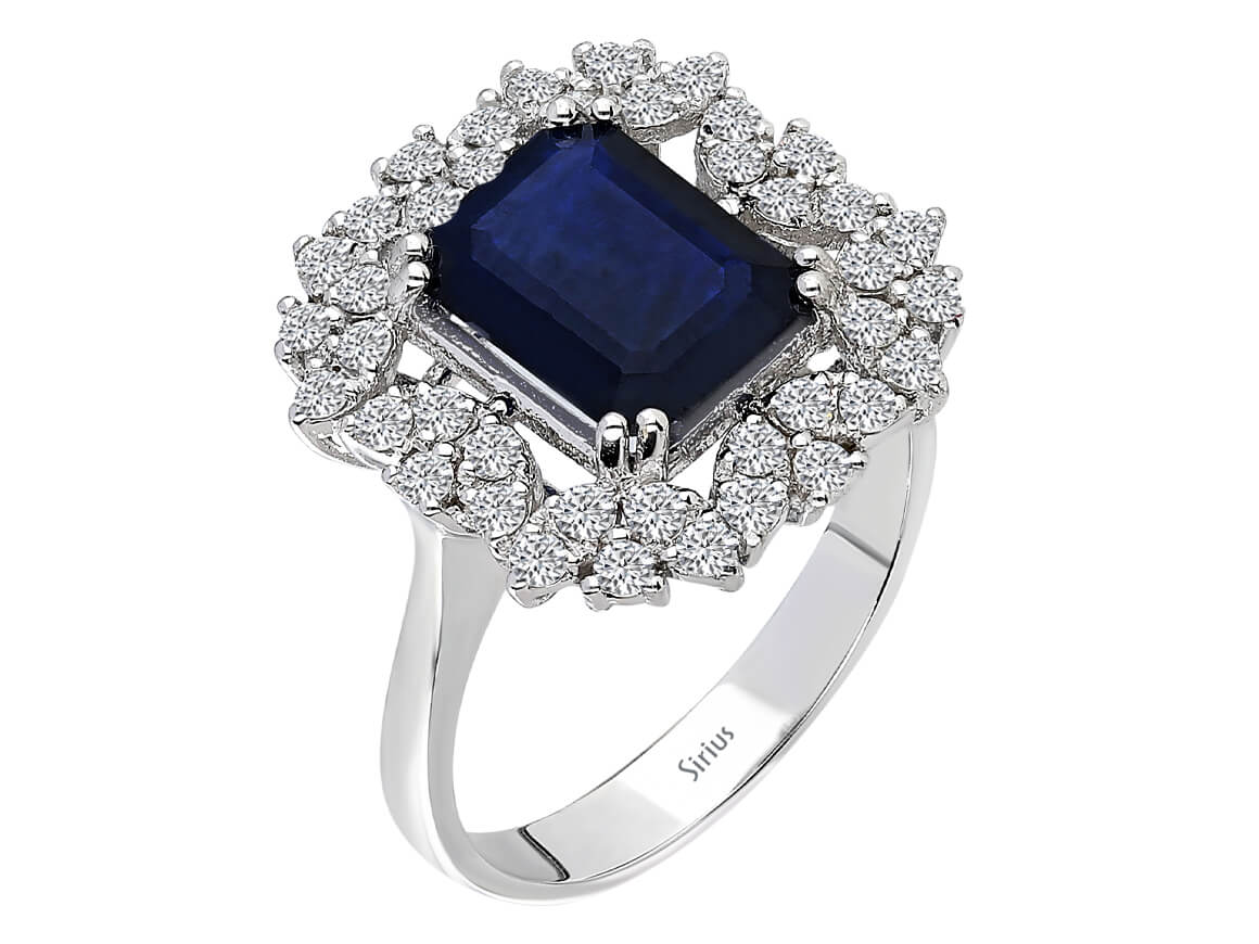 Diamond and octagon cut sapphire ring