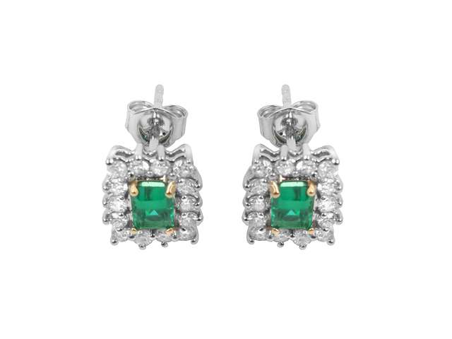 Diamond and octagon emerald earrings in 14 carat yellow and white gold