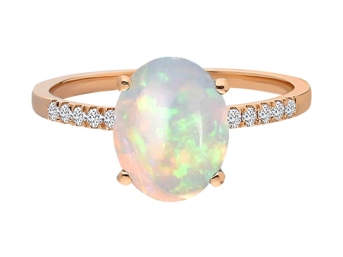 Diamond and white opal ring in 14K red gold
