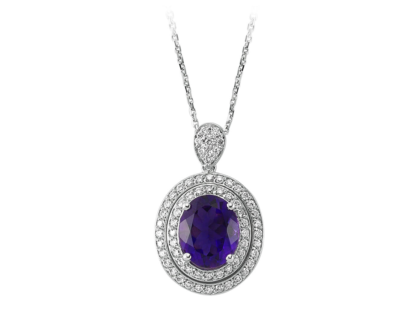 Diamond and oval amethyst necklace in 14 K white gold
