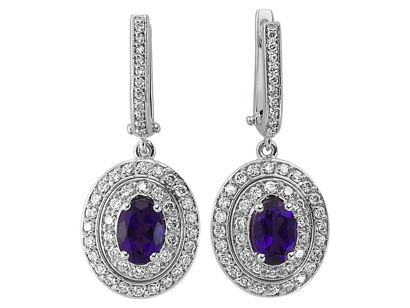 Diamond and oval amethyst earrings in 14 K white gold