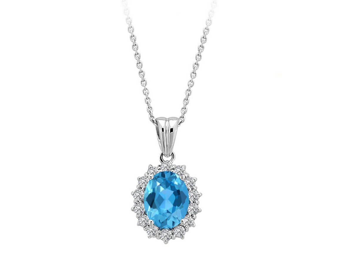 Oval blue topaz necklace with diamonds in 14K white gold