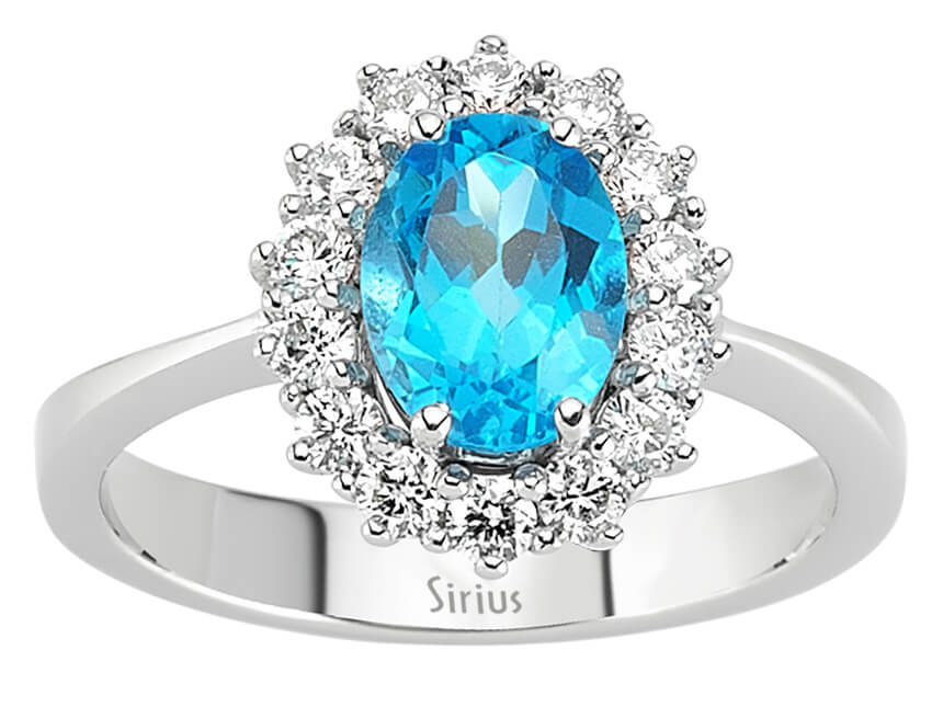 Diamant und Oval Blauer Topas Ring in 14 K Weißgold - handgefertigter Diamantschmuck aus Feingold | Sirius Diamant